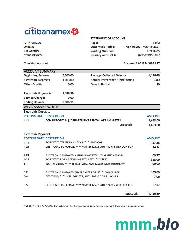 Meksyk Citibanamex szablon wyciągu bankowego w programie Word i PDF